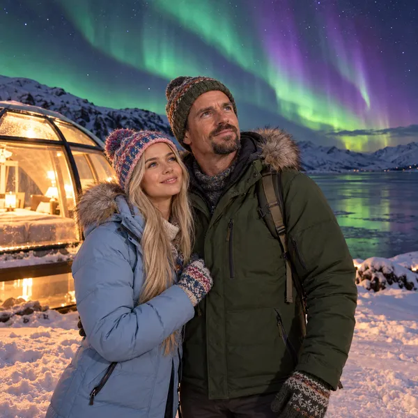 Lana in a blue puffer jacket, knit hat and mittens and Sam in a green parka and knit beanie stand close together on snow beside a lit glass igloo, with green and purple aurora over a lake and mountains.