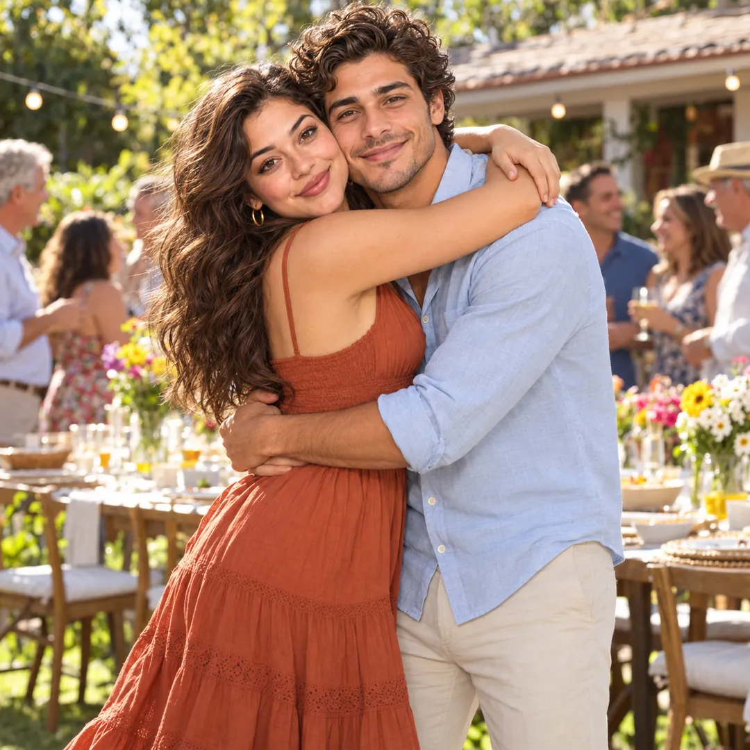 Sofia with long wavy hair in a rust sundress hugging Diego in a light blue shirt and cream trousers, in a sunny garden with long tables of flowers and food, string lights and family members chatting behind.