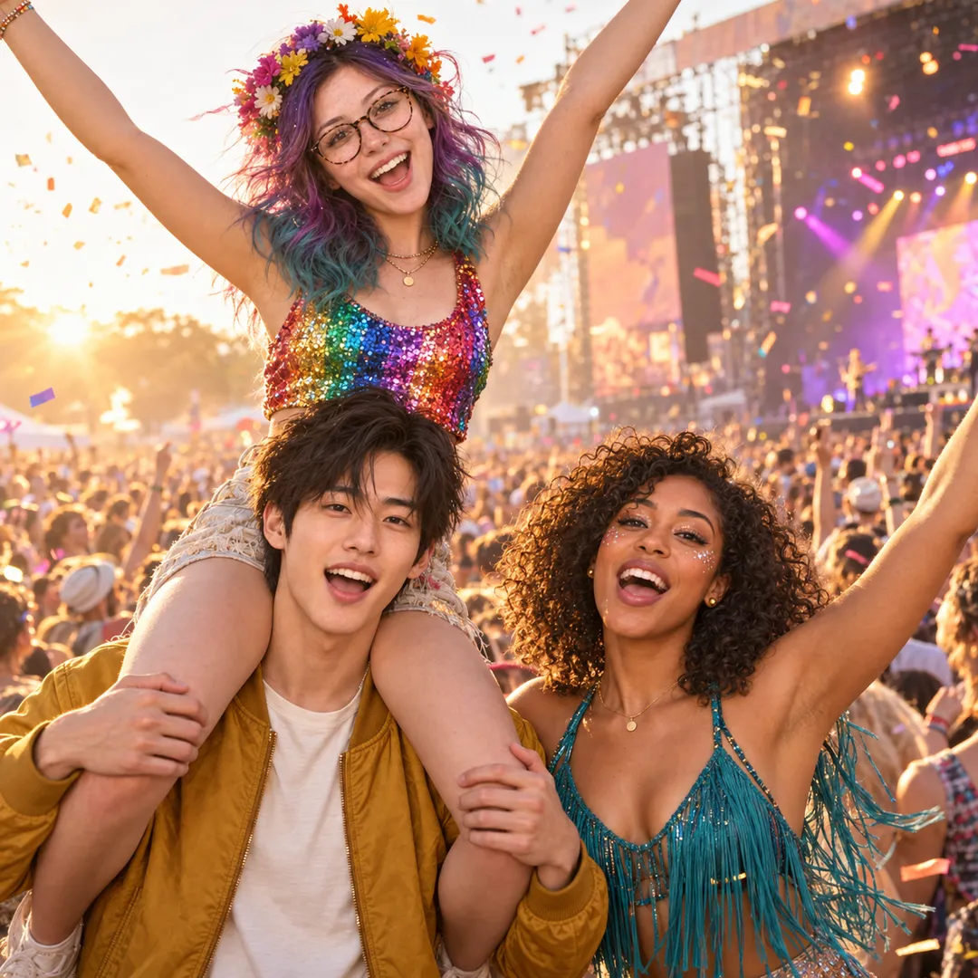 Jun in a mustard jacket carrying Pip on his shoulders, she in a flower crown, glasses and rainbow sequin top with arms raised, beside Maya in a teal fringed top cheering, a huge crowd and lit stage behind in late sun.