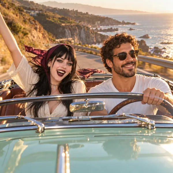 Raven with black hair and a red headscarf blowing in the wind, in a white blouse, raising one arm and laughing beside Rafael in sunglasses and a white T-shirt at the wheel of a mint green vintage convertible, rocky coastline and sea behind.