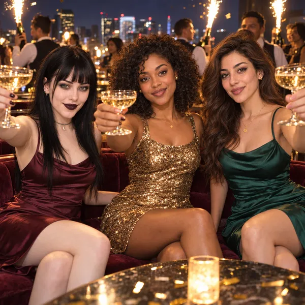 Raven in a burgundy satin dress, Maya in a gold sequin dress and Leila in an emerald satin dress raising coupe glasses on a velvet booth, candles on the table, sparklers and a lit-up city skyline behind them at night.