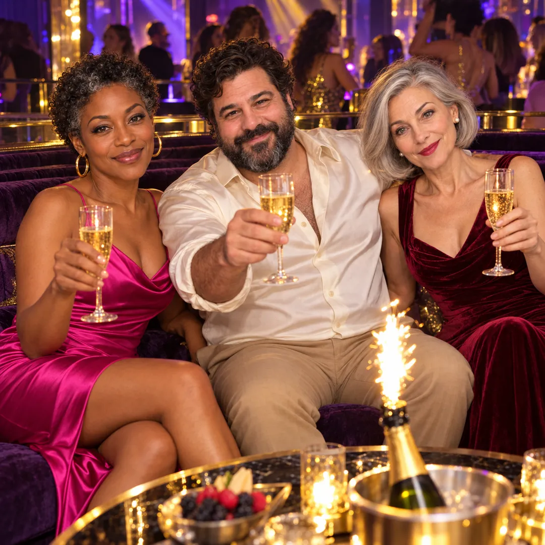 Simone in a magenta satin dress, Dante in a cream shirt and Vivienne in a burgundy velvet dress holding champagne flutes on a purple velvet sofa, a bottle with a sparkler in an ice bucket and a fruit bowl on the table, a glittering club behind.