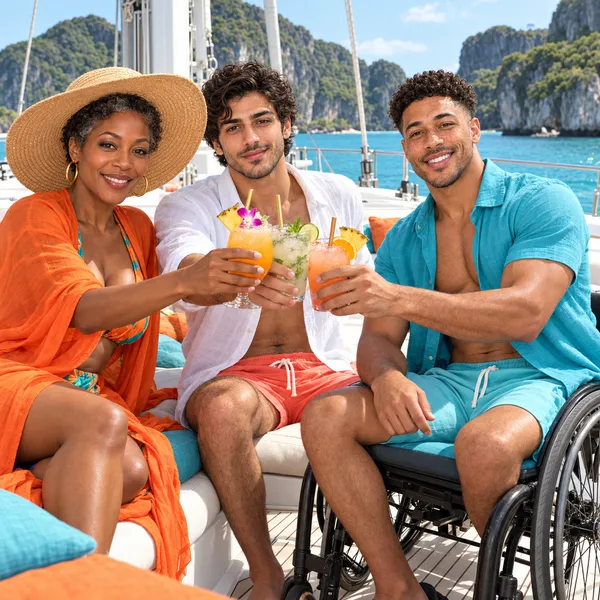 Simone in a wide straw hat and orange cover-up, Kian in an open white shirt and coral swim shorts, and Ethan in a turquoise shirt and shorts in his wheelchair, clinking cocktails on a yacht deck, a blue lagoon and green limestone cliffs behind.