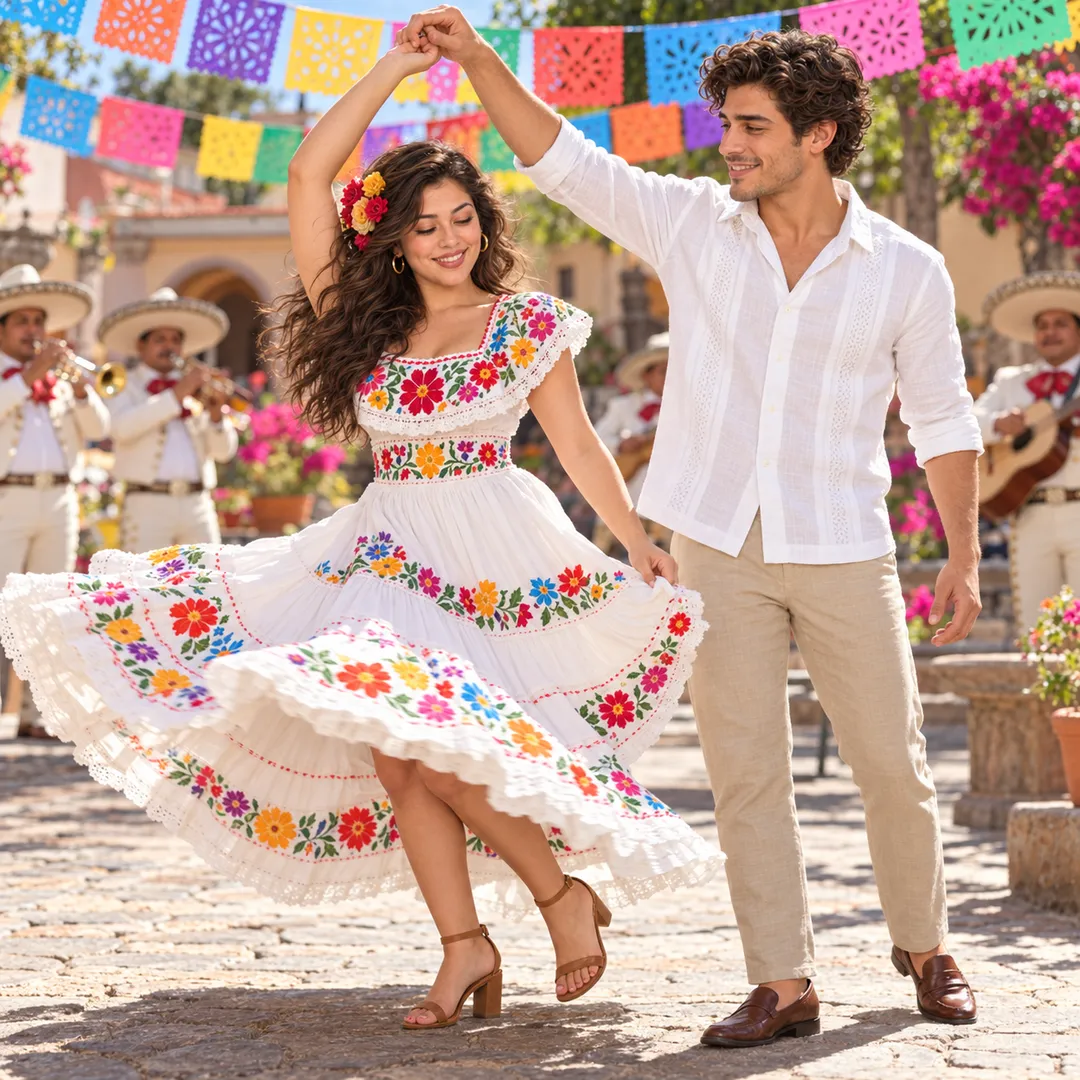 Sofia in a white ruffled dress with bright embroidered flowers and a flower in her hair twirls under Diego's raised hand; he wears a white linen shirt and tan trousers. Mariachi musicians in white and colourful paper banners fill the sunny stone plaza.