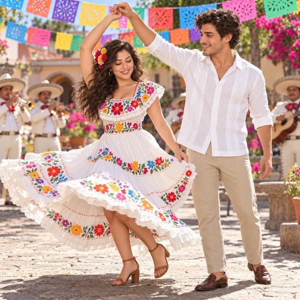 Sofia in a white ruffled dress with bright embroidered flowers and a flower in her hair twirls under Diego's raised hand; he wears a white linen shirt and tan trousers. Mariachi musicians in white and colourful paper banners fill the sunny stone plaza.