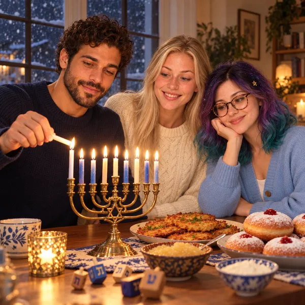 Rafael in a navy sweater lights a fully lit brass menorah as Freya in a cream knit sweater and Pip in a blue cardigan and glasses watch, smiling. The table holds latkes, jelly doughnuts, dreidels and blue-and-white bowls, with snow falling past the windows.