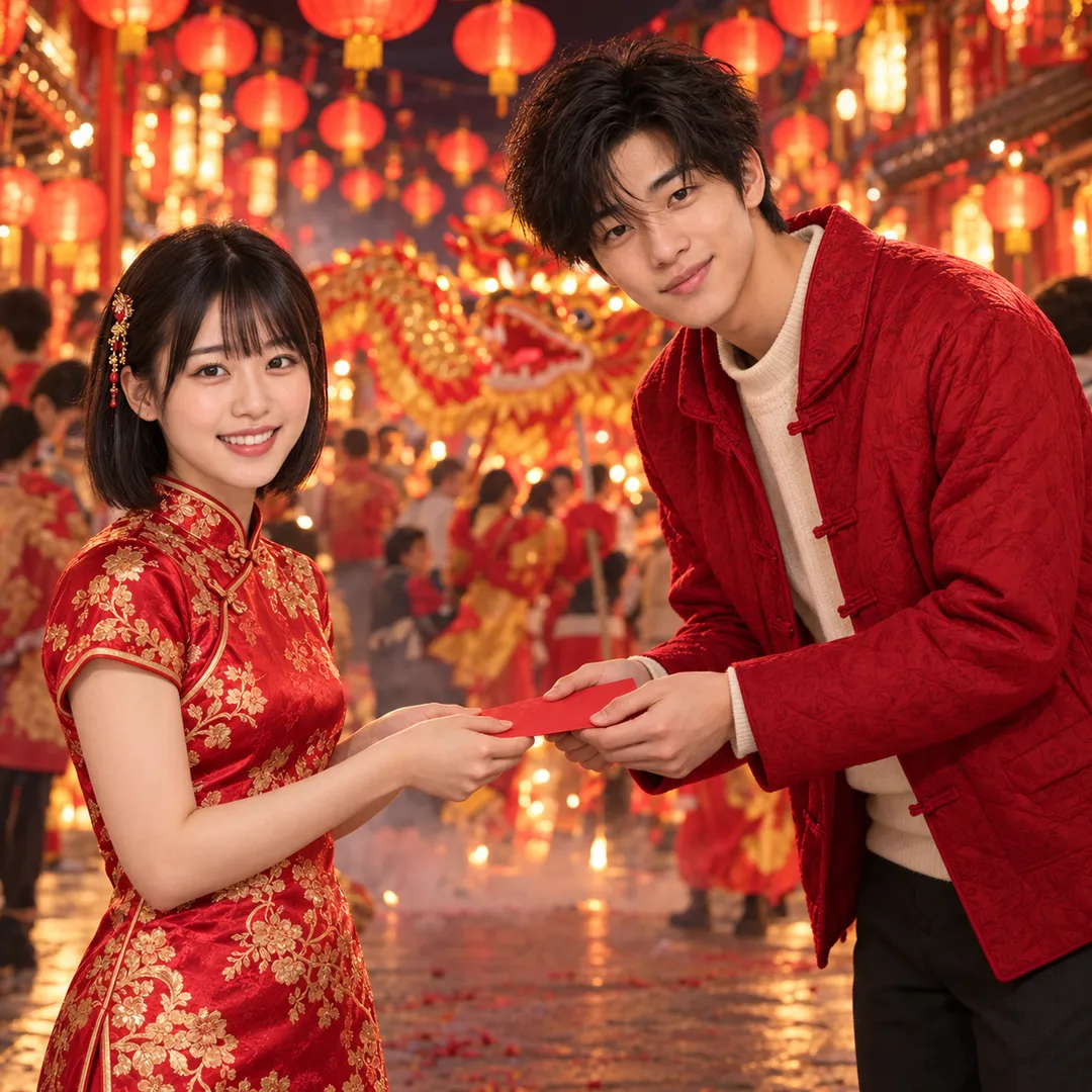 Aiko in a red and gold qipao smiles as Jun, in a red quilted jacket over a cream sweater, offers her a red envelope. Rows of glowing red lanterns hang above a busy festival street with a golden dragon dance behind them at night.