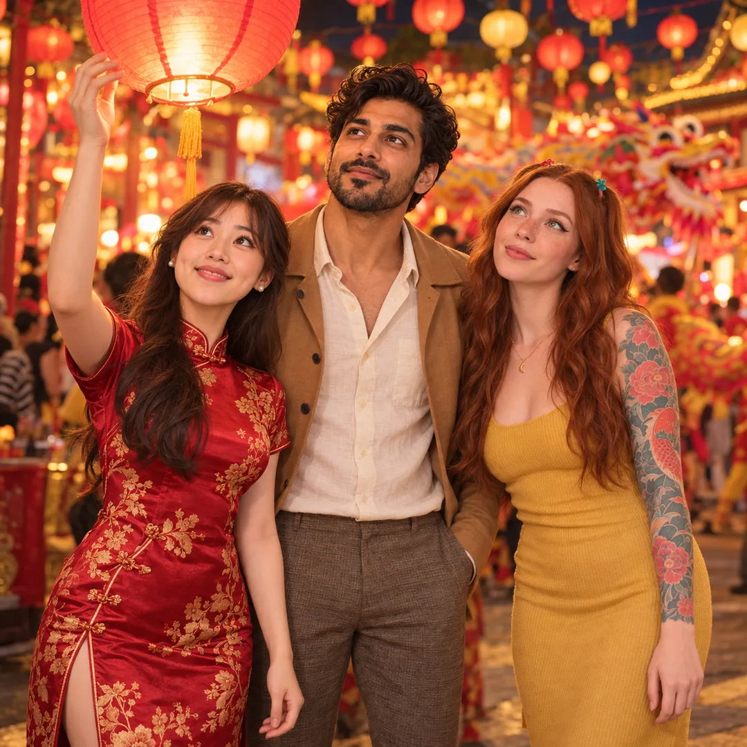 Mei in a red and gold qipao reaches up to a red lantern, Arjun in a tan jacket and cream shirt looks up beside her, and June in a mustard dress with a tattooed arm smiles upward, in a crowded festival street hung with hundreds of red lanterns and a dragon behind.
