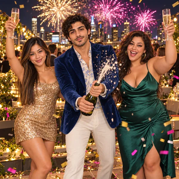 Andrea in a gold sequin mini dress raises a glass, Kian in a navy velvet blazer pops a spraying bottle of champagne, and Bella in an emerald satin dress raises her glass, with confetti in the air and fireworks bursting over a lit city skyline at night.