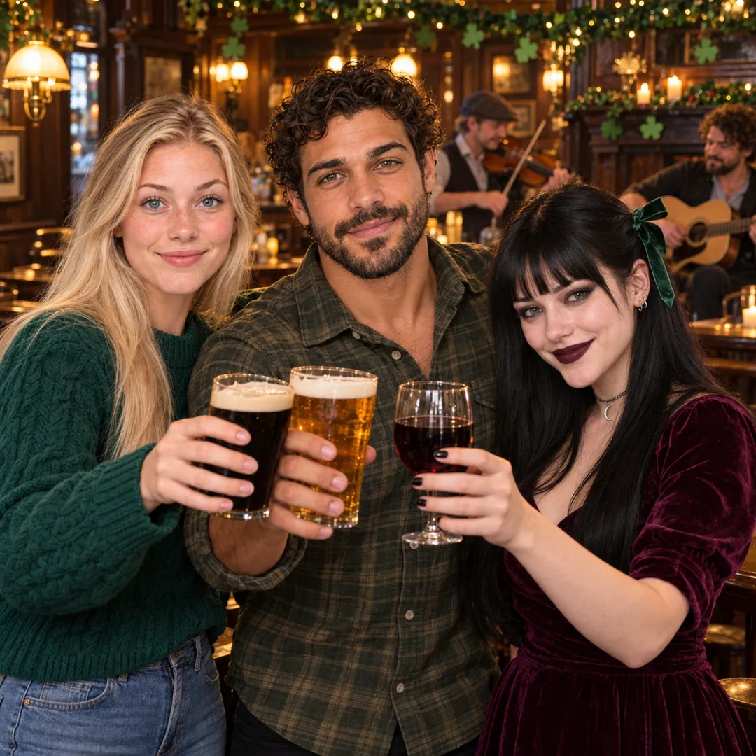 Freya in a green sweater, Rafael in a plaid shirt and Raven in a dark velvet dress with a green ribbon raise dark beer, lager and red wine toward the camera in a warm wood-panelled pub with garland and musicians playing fiddle and guitar behind.