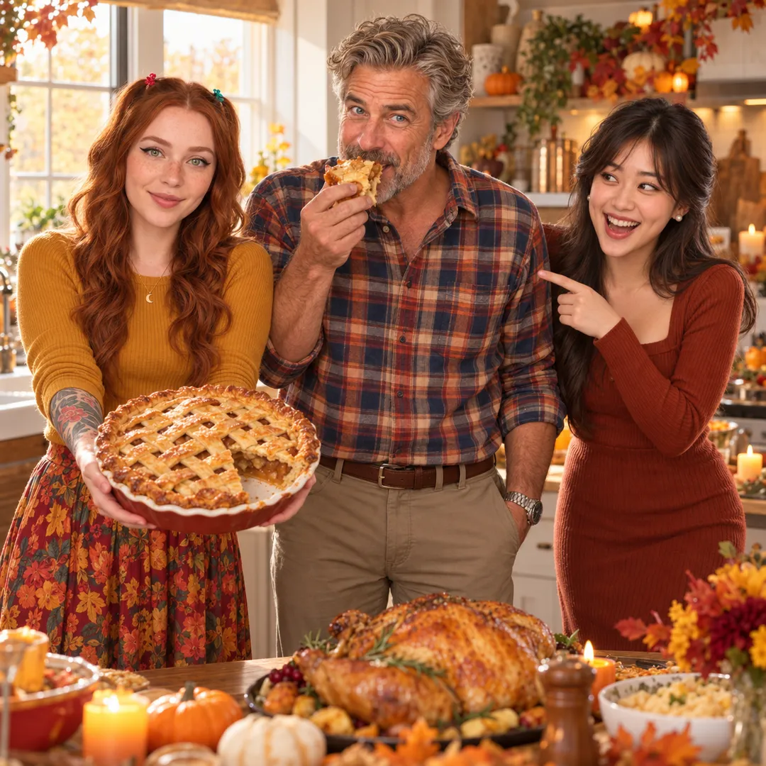 June in a mustard sweater and floral skirt holds a lattice-top pie, Graham in a plaid shirt takes a bite of a slice, and Mei in a rust dress points at him laughing. A roast turkey, pumpkins, candles and autumn flowers fill the table in a sunlit kitchen.