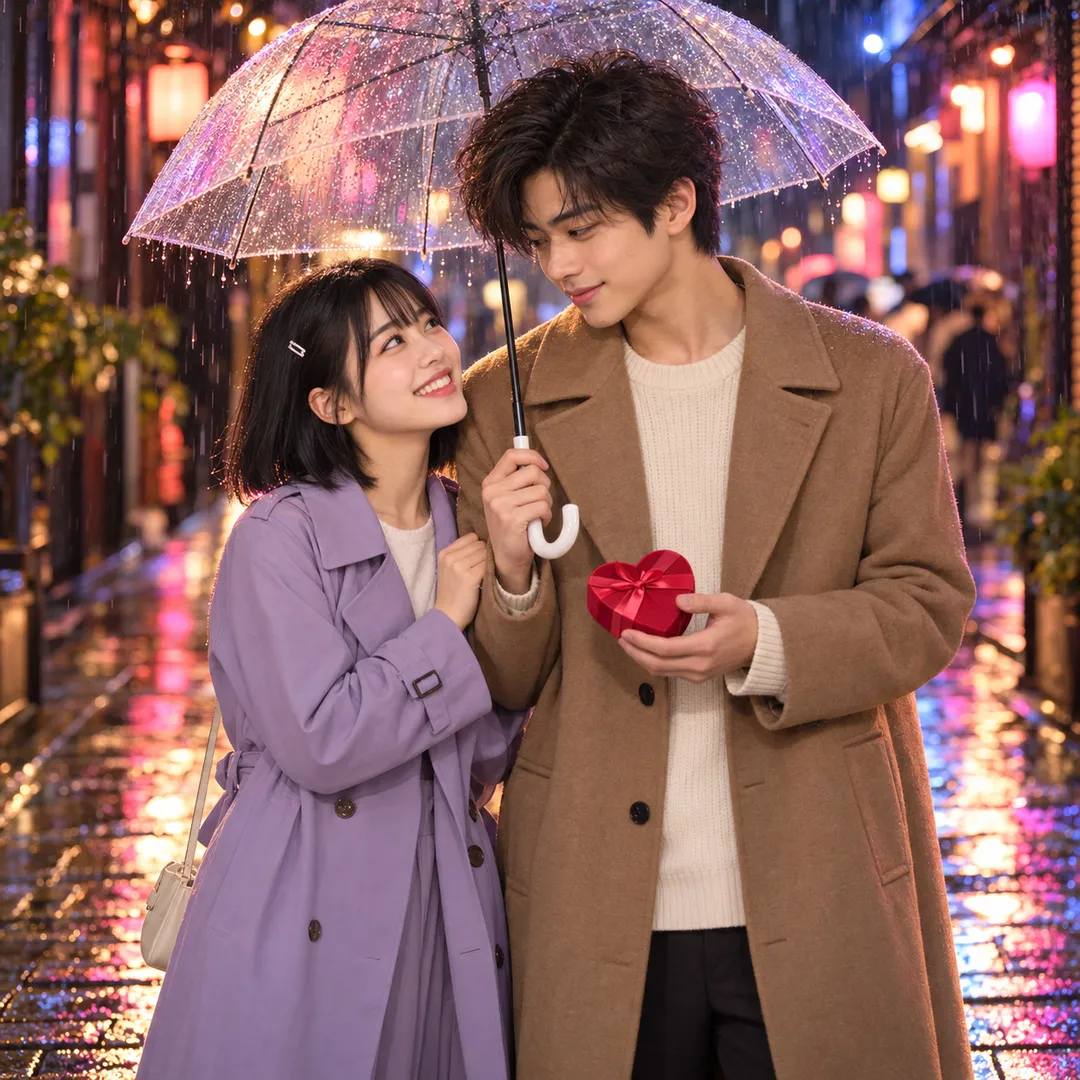 Aiko with a dark bob in a lilac trench coat smiling up at Jun in a camel overcoat and cream sweater, who holds a clear umbrella and a red heart-shaped box, on a wet street glowing with pink and purple lantern light at night.