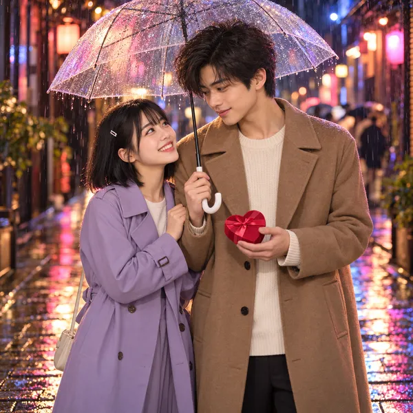Aiko with a dark bob in a lilac trench coat smiling up at Jun in a camel overcoat and cream sweater, who holds a clear umbrella and a red heart-shaped box, on a wet street glowing with pink and purple lantern light at night.