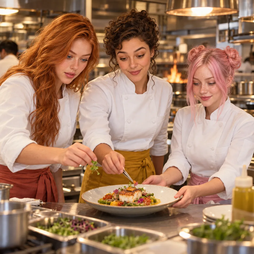 Scarlett with long red hair, Nora with dark curls and Allie with pink hair in buns, all in white chef jackets and coloured aprons, garnishing plates of fish and salad with tweezers at a steel counter in a warm, busy professional kitchen.