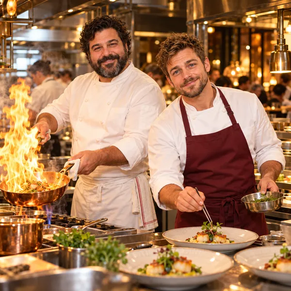 Dante with a dark beard in a white chef jacket and apron tossing a copper pan as tall flames rise, beside Tomás in a chef jacket and burgundy apron placing herbs on plated dishes with tweezers, in a warmly lit restaurant kitchen.