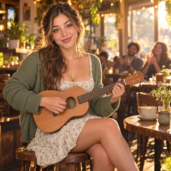 Ella with long wavy brown hair in a green cardigan over a floral dress, sitting on a wooden stool playing a ukulele, in a café full of plants and warm light with cups of coffee on the tables and smiling guests applauding.