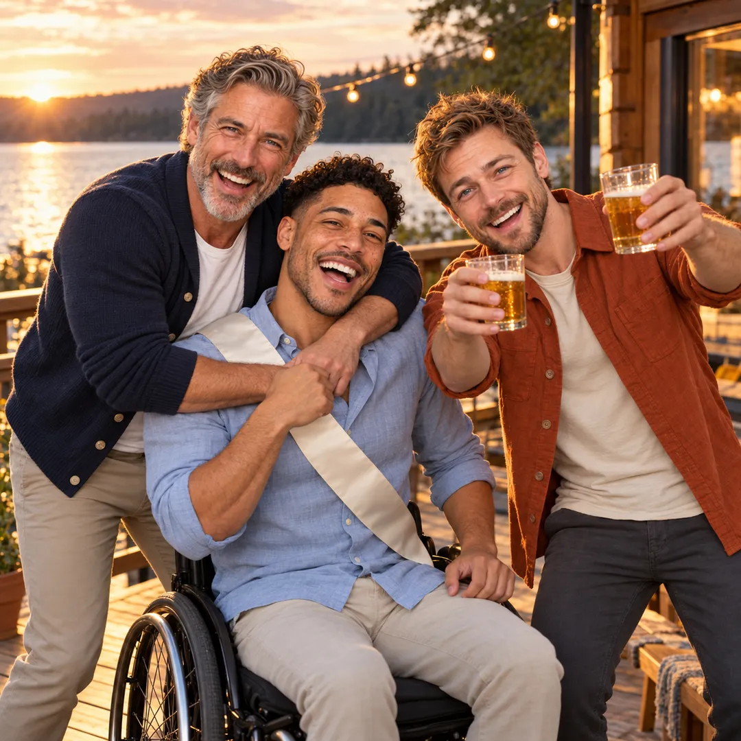 Graham in a navy cardigan leans over to hug Ethan, who sits in his wheelchair in a light blue shirt with a white sash, laughing, while Tomás in a rust shirt raises two glasses of beer on a wooden deck with string lights and a lake at sunset.