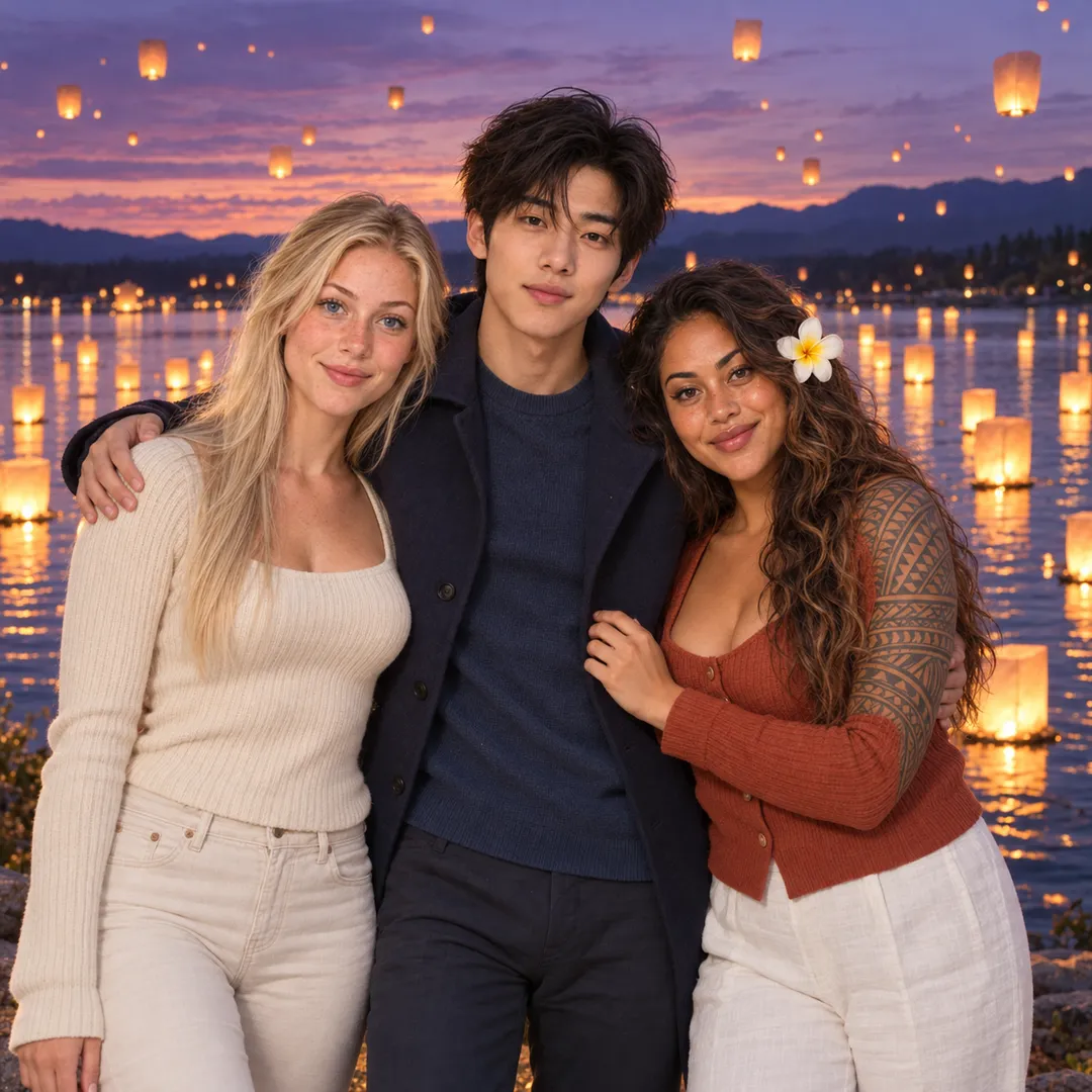 Freya in a cream sweater and trousers, Jun in a navy jacket, and Kailani in a rust cardigan with a flower in her hair stand arm in arm by a lake covered in glowing floating lanterns, with sky lanterns rising over hills in a purple dusk.