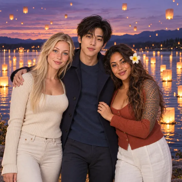 Freya in a cream sweater and trousers, Jun in a navy jacket, and Kailani in a rust cardigan with a flower in her hair stand arm in arm by a lake covered in glowing floating lanterns, with sky lanterns rising over hills in a purple dusk.