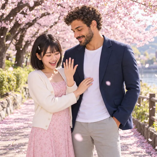 Aiko in a pink floral dress and cream cardigan holds up her hand to show her ring, laughing, beside Rafael in a navy blazer and white T-shirt, on a path covered in pink petals under cherry blossom trees near the water.