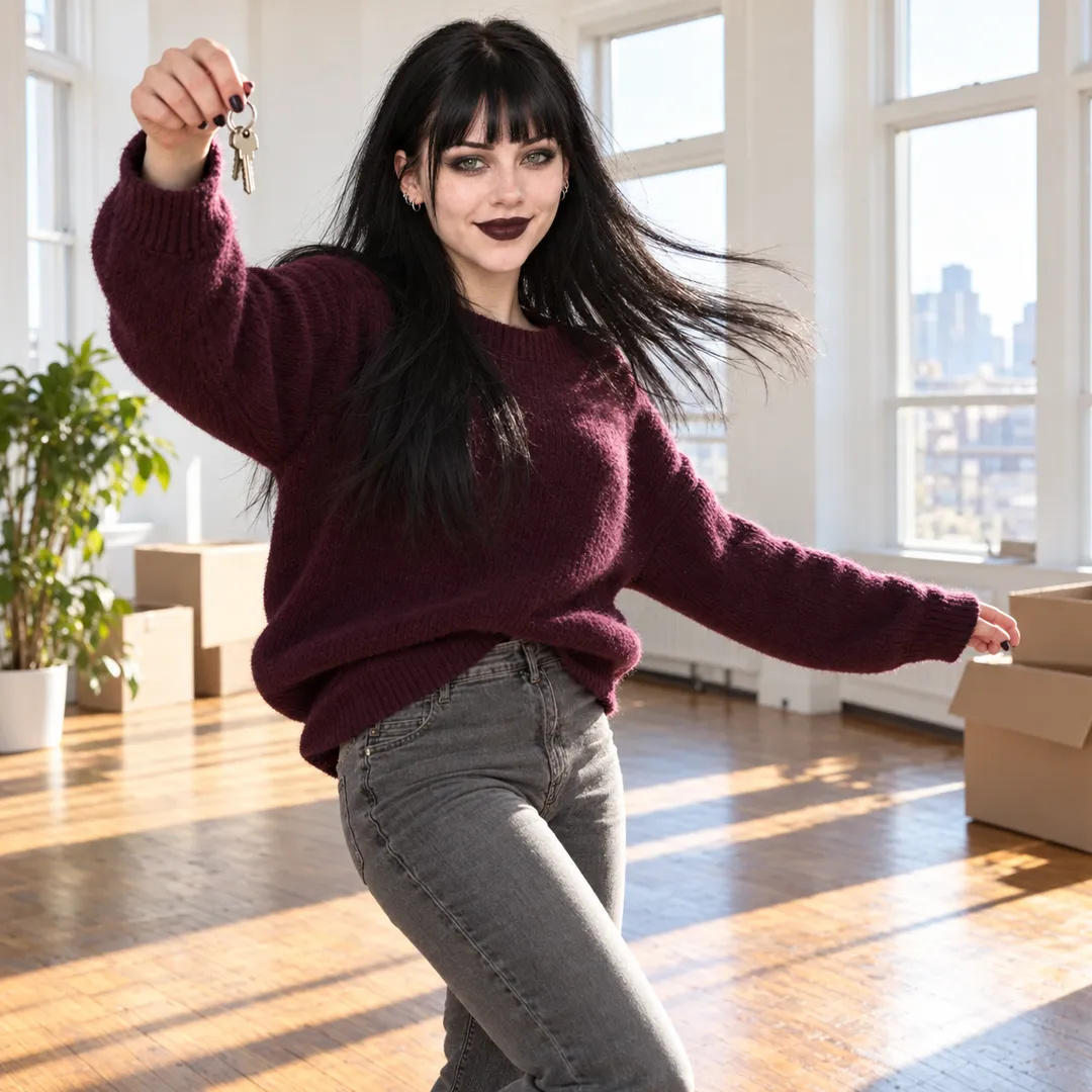 Raven in a burgundy sweater and grey jeans, long black hair swinging, holds up a set of keys while dancing on wooden floors in a bright empty apartment with tall windows, a city view, a potted plant and moving boxes.