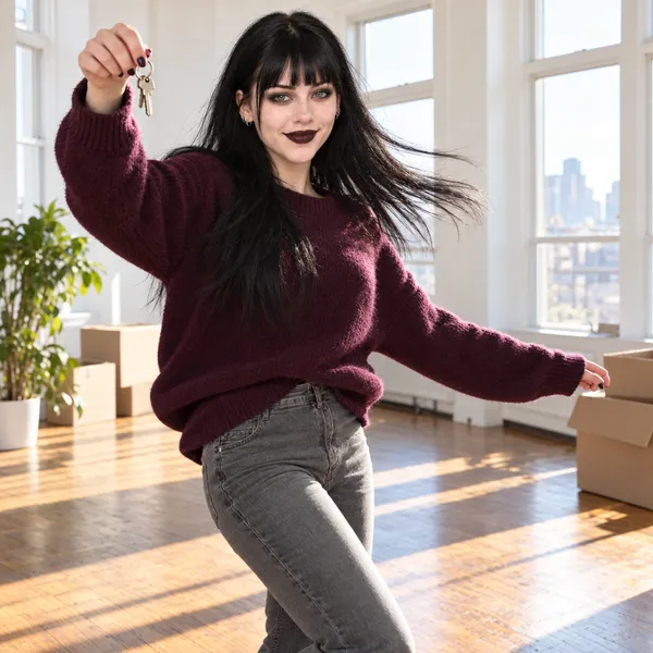 Raven in a burgundy sweater and grey jeans, long black hair swinging, holds up a set of keys while dancing on wooden floors in a bright empty apartment with tall windows, a city view, a potted plant and moving boxes.