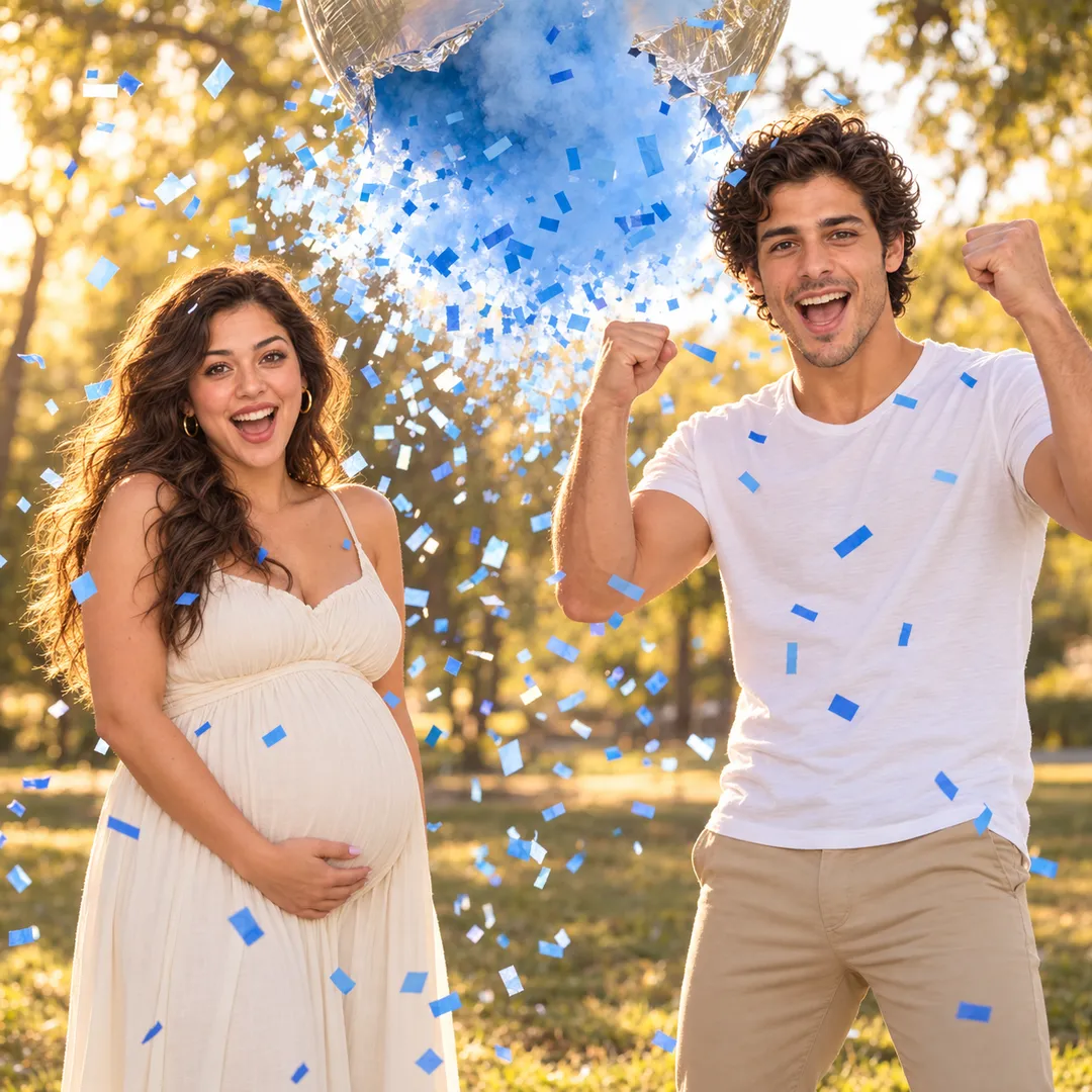 Sofia, expecting, in a cream sundress holds her bump and smiles as Diego in a white T-shirt and khakis cheers with both fists up, while a burst balloon showers blue confetti over a sunny tree-lined park.
