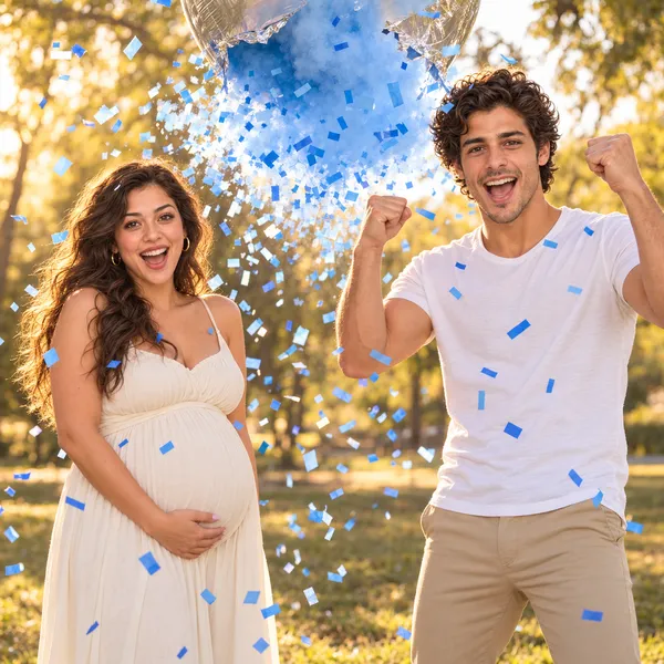 Sofia, expecting, in a cream sundress holds her bump and smiles as Diego in a white T-shirt and khakis cheers with both fists up, while a burst balloon showers blue confetti over a sunny tree-lined park.