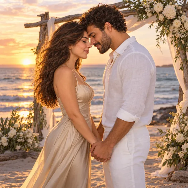 Leila in a champagne satin gown and Rafael in a white linen shirt and trousers hold hands with foreheads touching, eyes closed, under a driftwood arch draped in white flowers and fabric on a beach at golden sunset.