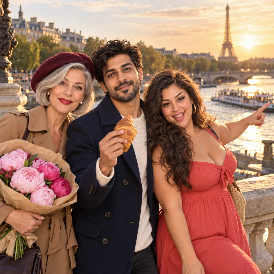 Vivienne in a beret and camel coat holds pink peonies, Arjun in a navy coat holds a croissant, and Bella in a red sundress points behind them, standing on a stone bridge above a river with a tour boat and the Eiffel Tower in golden sunset light.