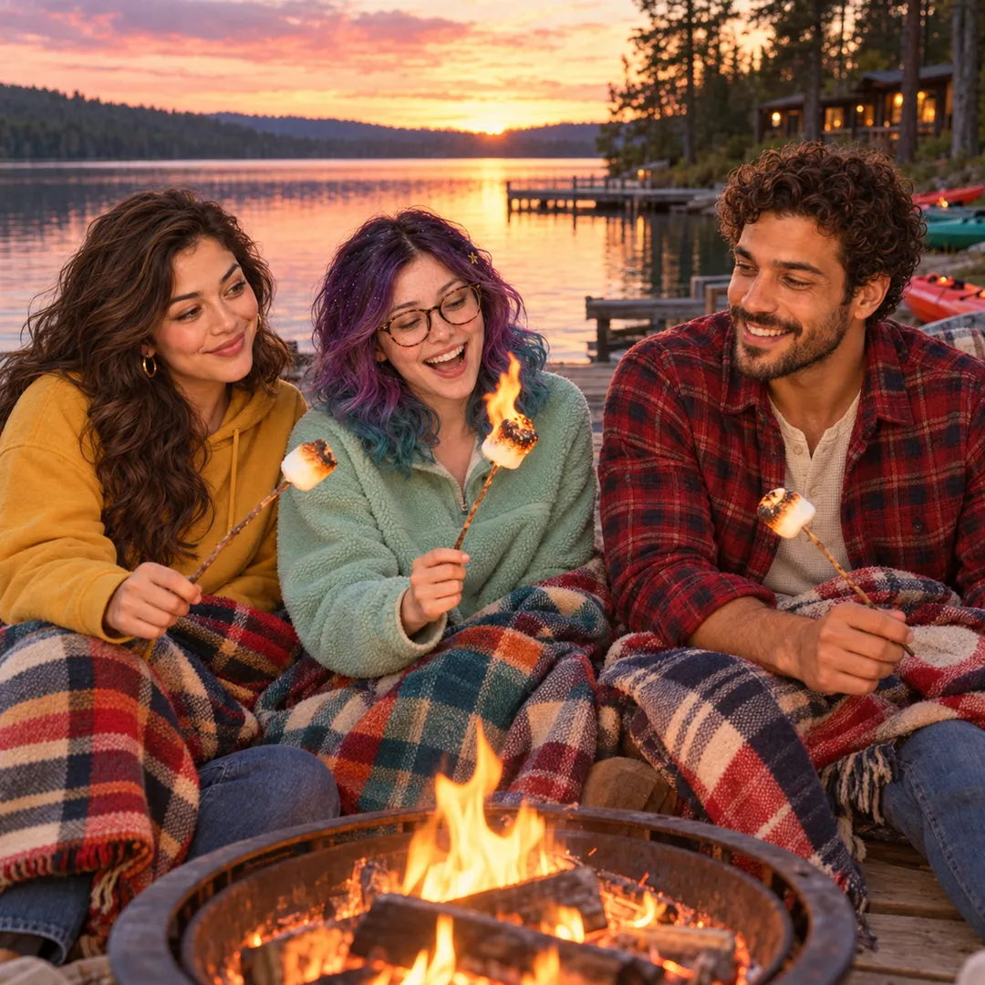 Sofia in a mustard hoodie, Pip in a green fleece and glasses, and Rafael in a red plaid shirt sit under plaid blankets around a fire pit, holding marshmallows on sticks over the flames, with a calm lake, dock and pine trees behind at sunset.