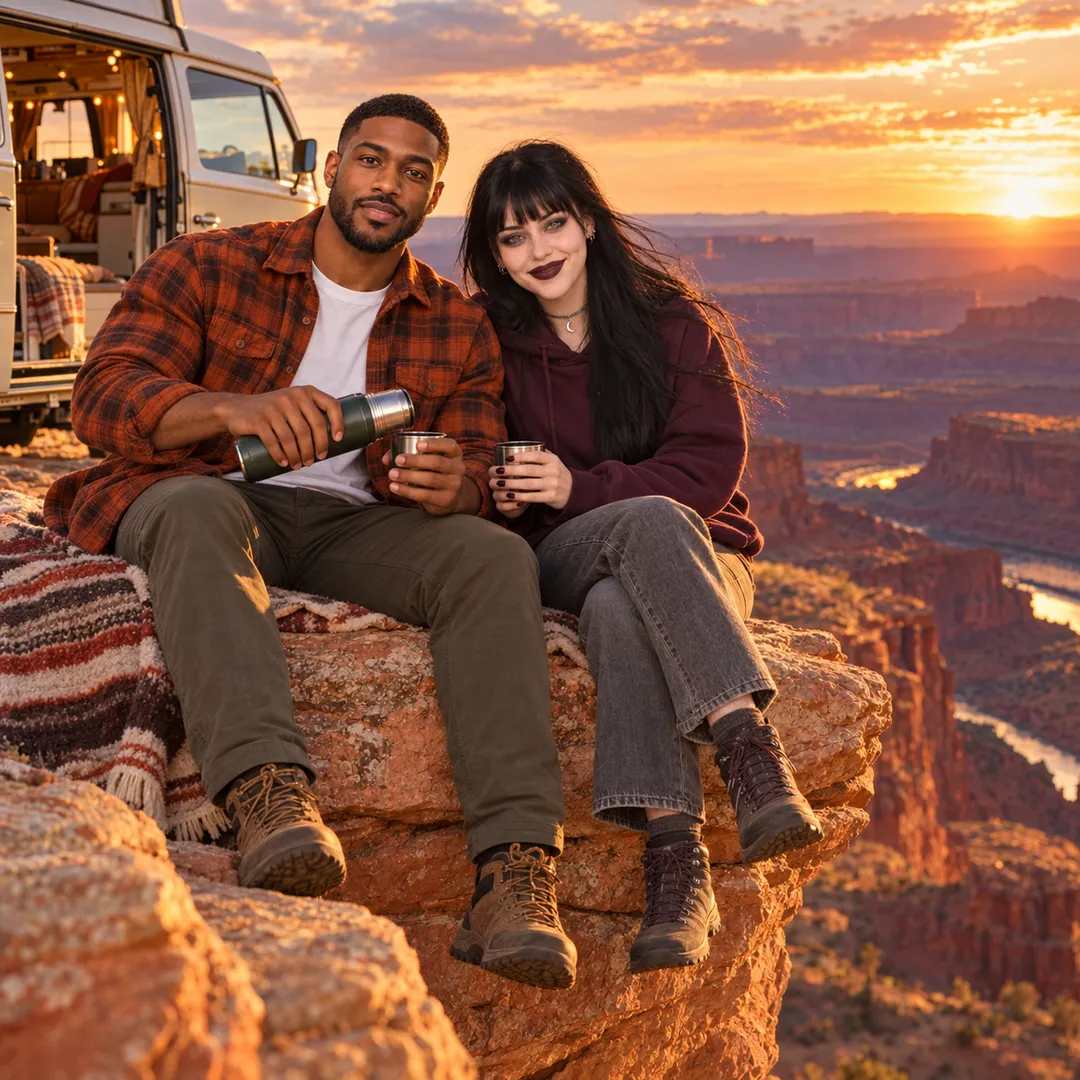Marcus in a red flannel shirt pours from a thermos and Raven in a dark sweater and jeans holds a cup as they sit on a red rock ledge with a striped blanket, a camper van behind them and a deep canyon glowing orange at sunset.