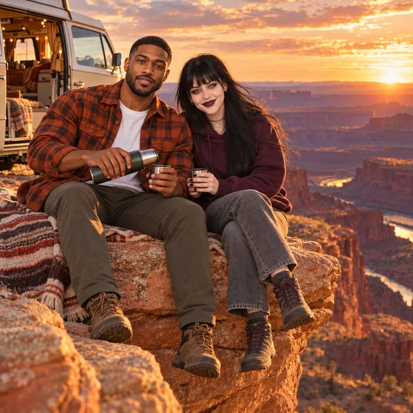 Marcus in a red flannel shirt pours from a thermos and Raven in a dark sweater and jeans holds a cup as they sit on a red rock ledge with a striped blanket, a camper van behind them and a deep canyon glowing orange at sunset.