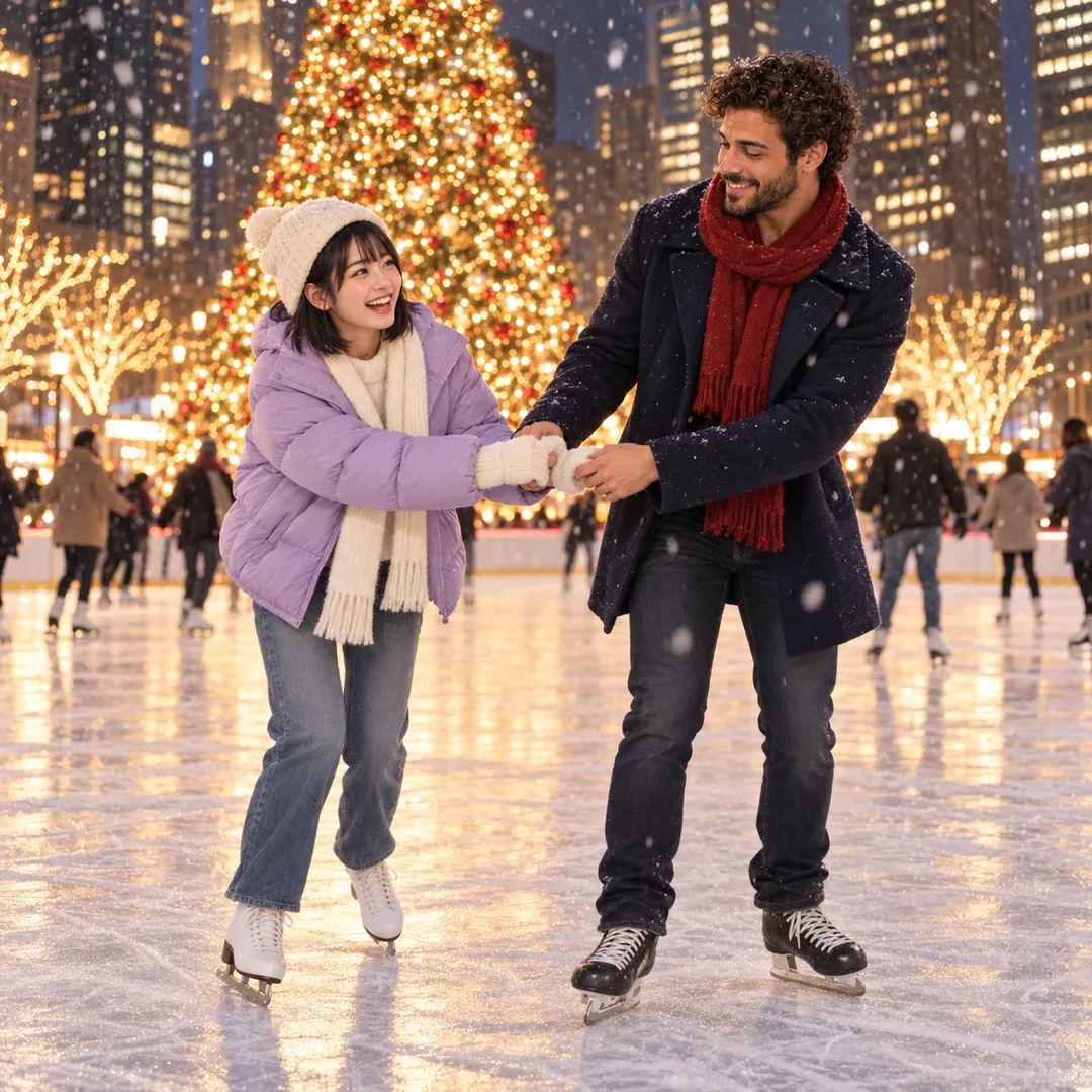 Aiko in a lilac puffer jacket, white beanie and scarf and Rafael in a navy coat and red scarf hold hands while ice skating, with a giant glowing Christmas tree, lit trees, other skaters and tall buildings behind at dusk with light snow.