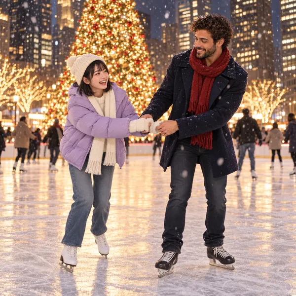 Aiko in a lilac puffer jacket, white beanie and scarf and Rafael in a navy coat and red scarf hold hands while ice skating, with a giant glowing Christmas tree, lit trees, other skaters and tall buildings behind at dusk with light snow.