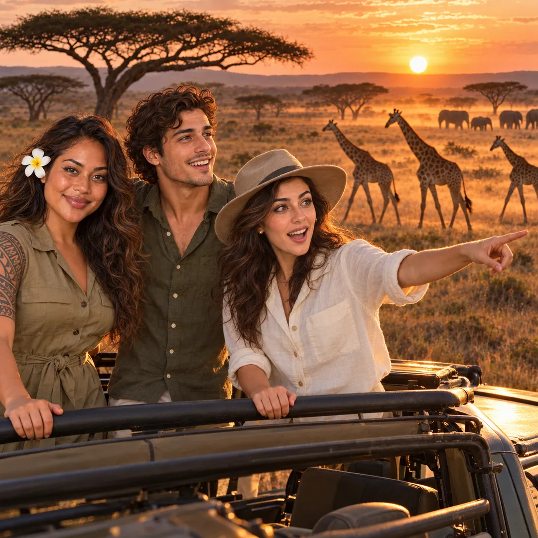 Kailani in an olive shirt dress with a flower in her hair, Diego in an olive shirt, and Leila in a white shirt and safari hat point from an open-top vehicle toward giraffes and elephants under acacia trees on golden grassland at sunset.