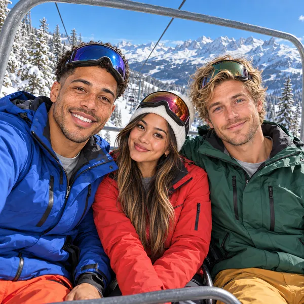 Ethan in a blue ski jacket, Andrea in a red jacket and white beanie, and Liam in a green jacket sit on a chairlift with goggles pushed up on their heads, smiling, with snowy pines and jagged white mountains under a blue sky.
